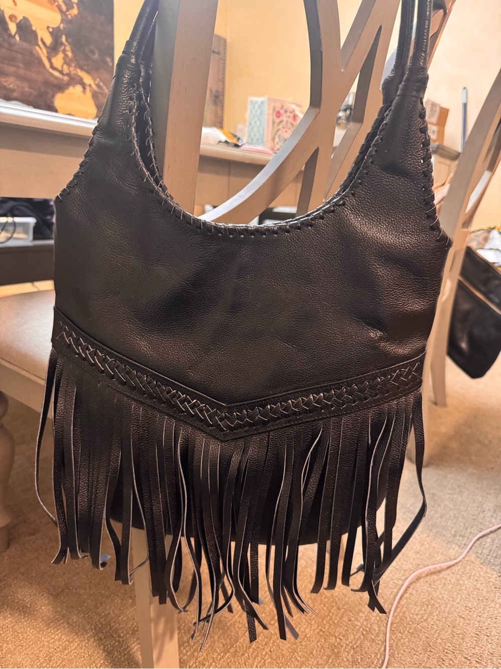 Liberte Handcrafted Black Fringe Leather Shoulder Bag - EUC